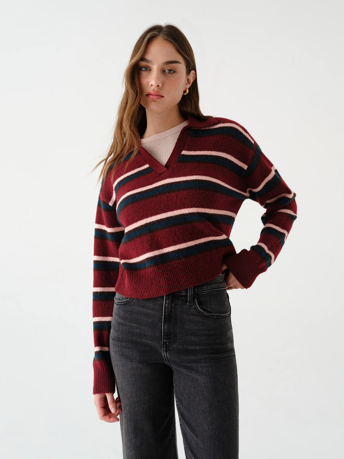 Daze Lyric Collared Sweater In Bordeaux Stripe 02-10