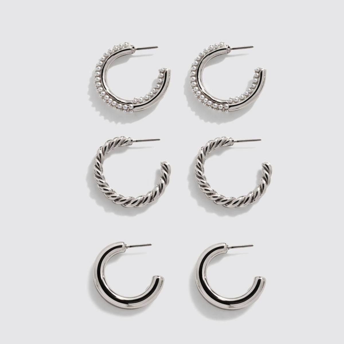 Bizou Set of 3 Silver- Tone Hoop Earrings