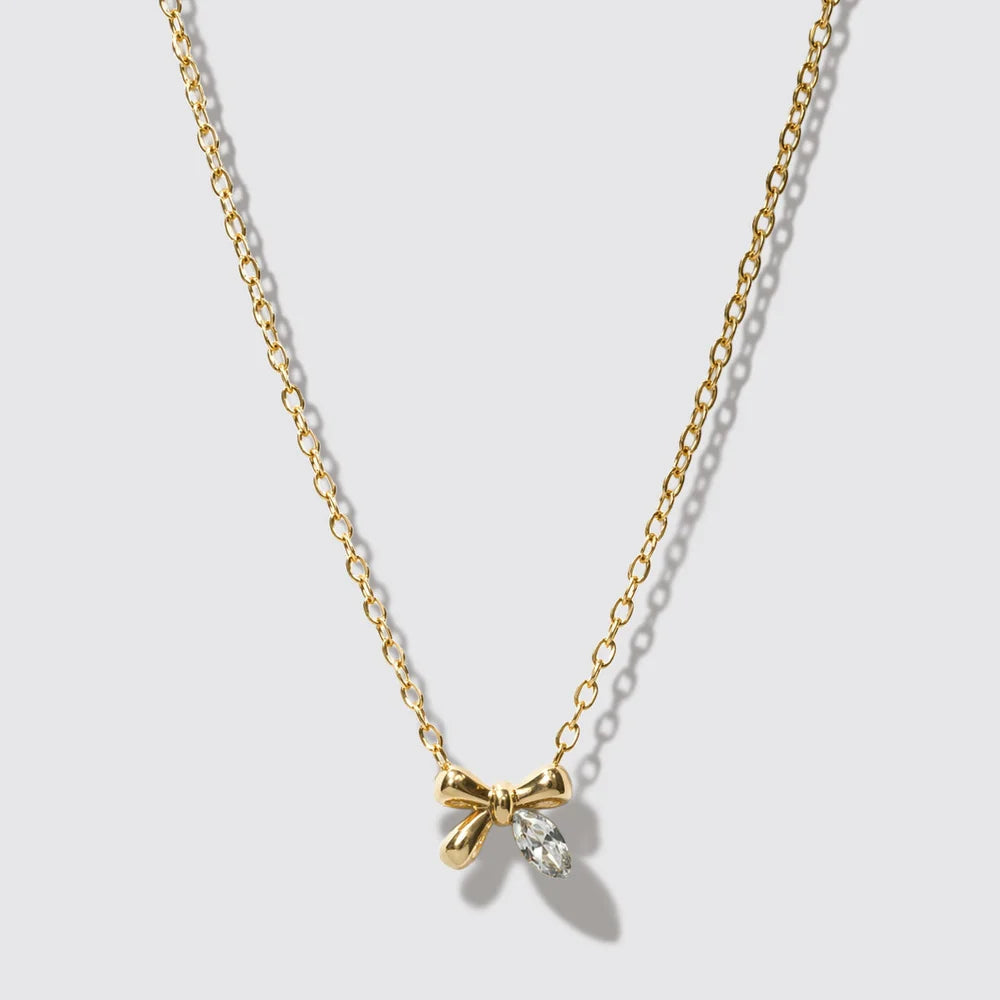 Bizou Mini Golden Necklace, Bow & Crystal Stone Pendant