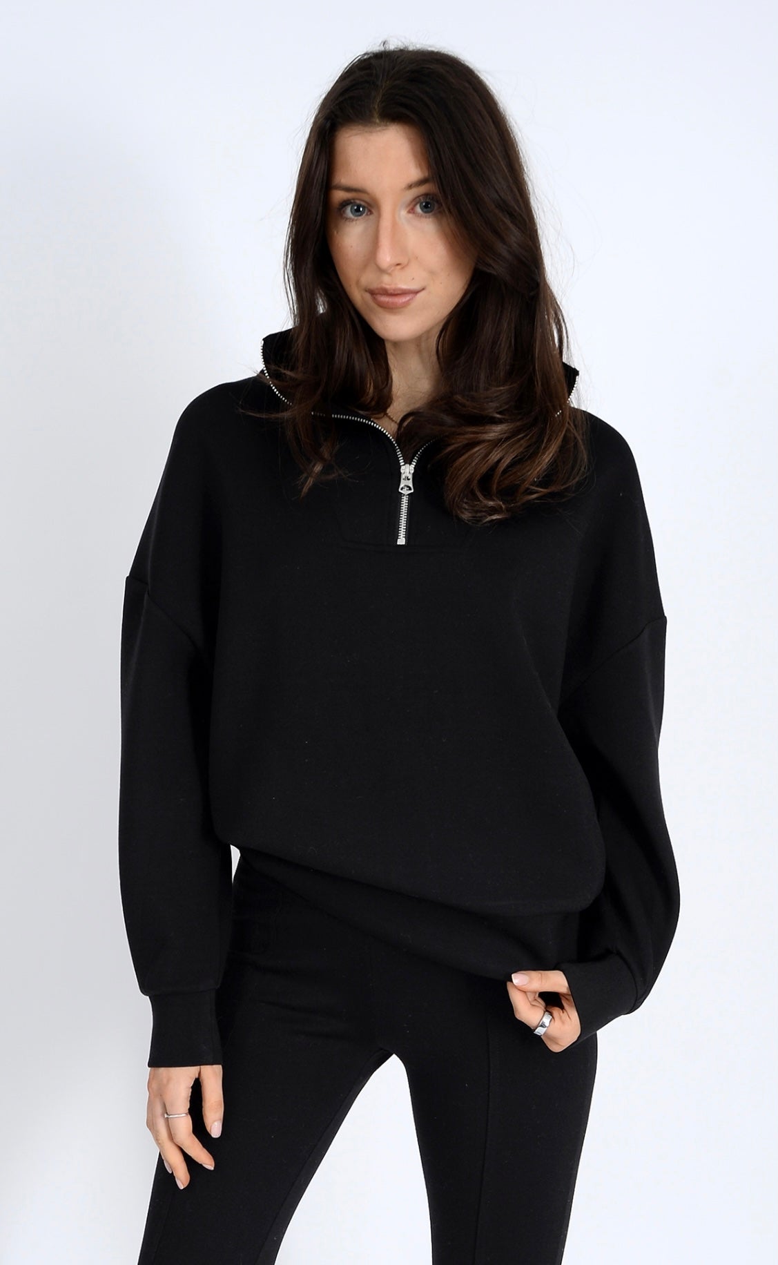 RD Black Ribbed 1/4 Zip Ottoman Soft Knit FN