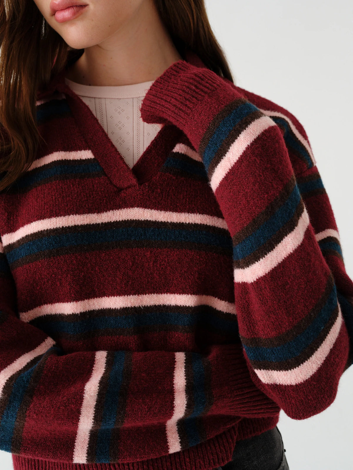 Daze Lyric Collared Sweater In Bordeaux Stripe 02-10