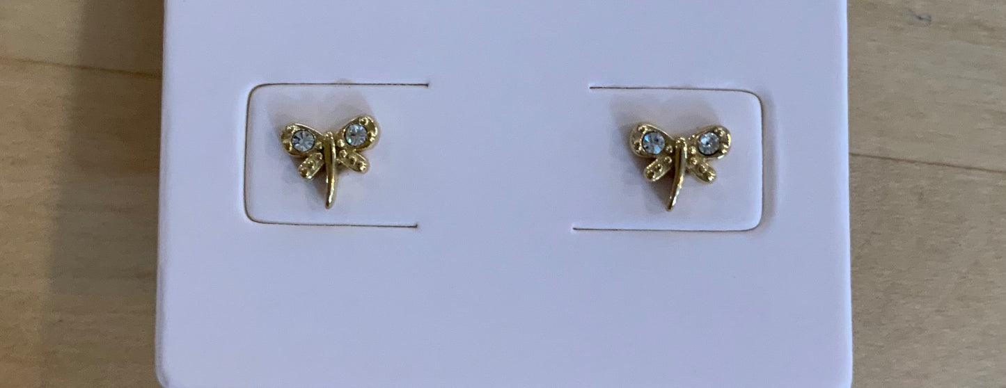 Bizou Mini Golden Dragonfly Stud Earrings, Crystal Stone