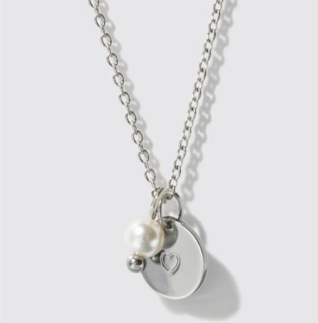 Bizou Mini Silvered Necklace, Heart Engraved Pendant & Pearl
