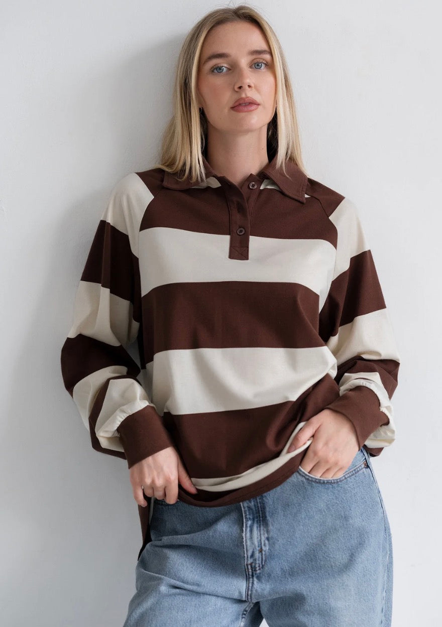 Brunette The Label Brown Striped Rugby Polo 02-07
