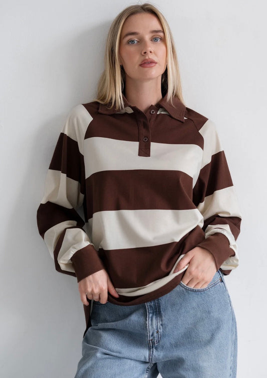Brunette The Label Brown Striped Rugby Polo 02-07