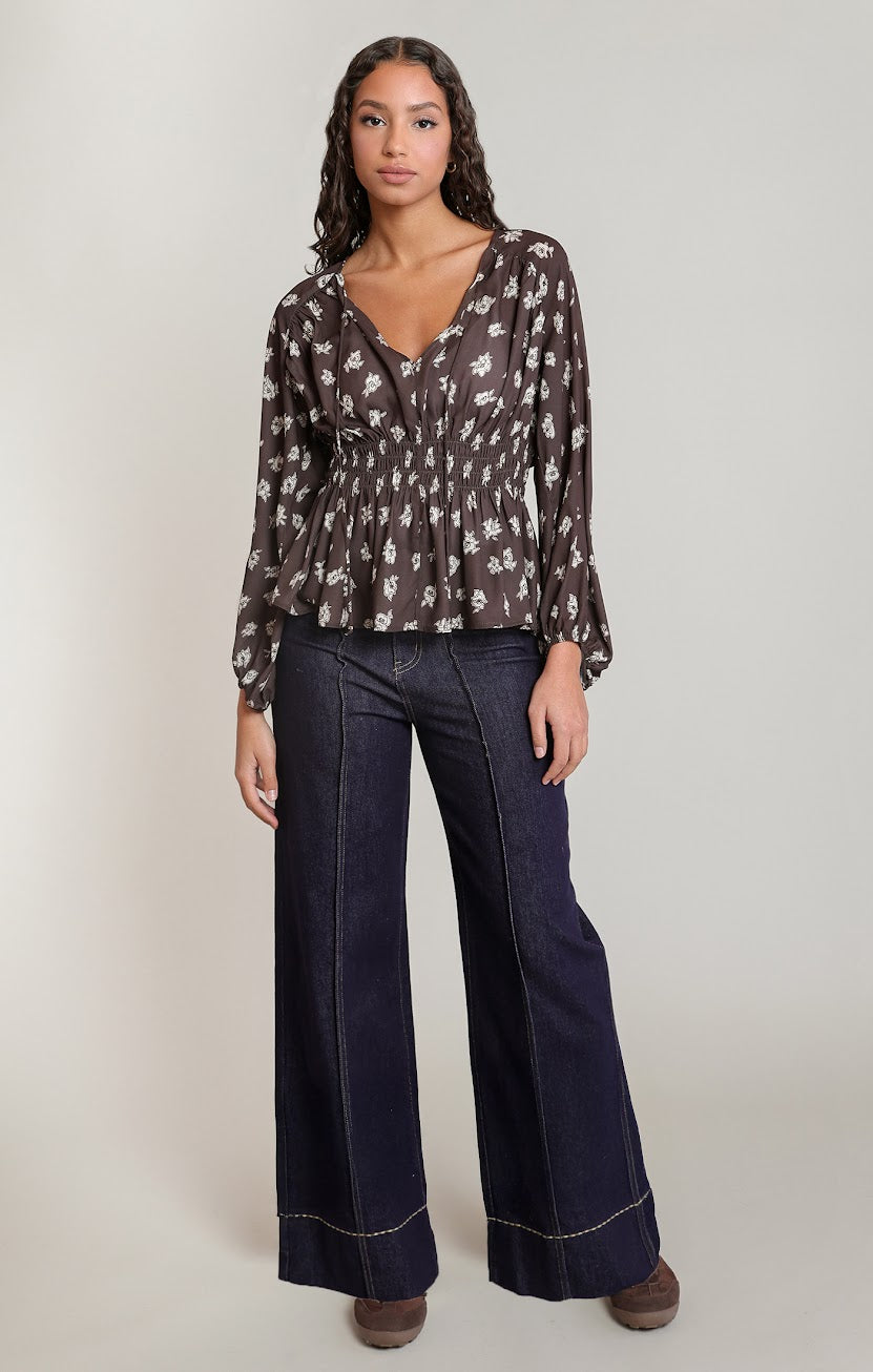 DEX Smocked Brown Floral Blouse 02-09