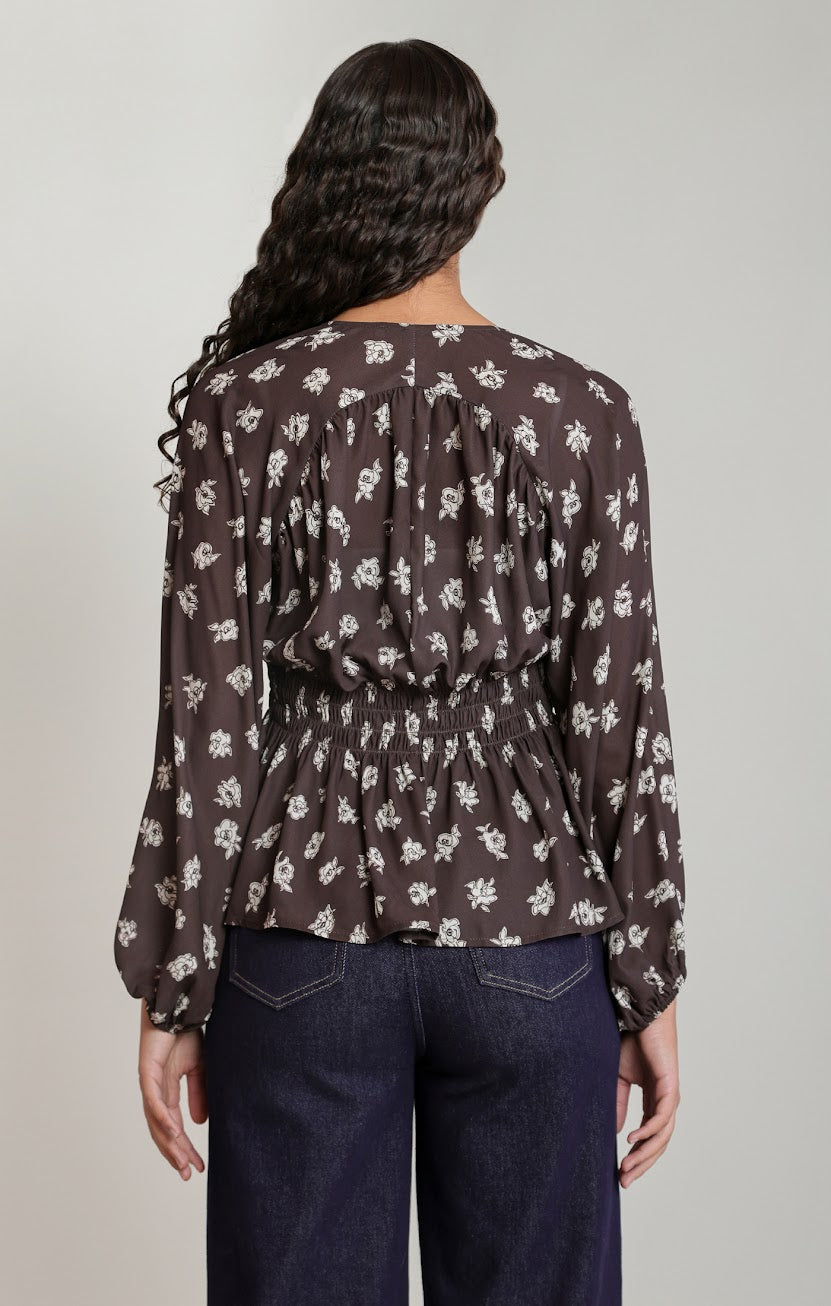 DEX Smocked Brown Floral Blouse 02-09