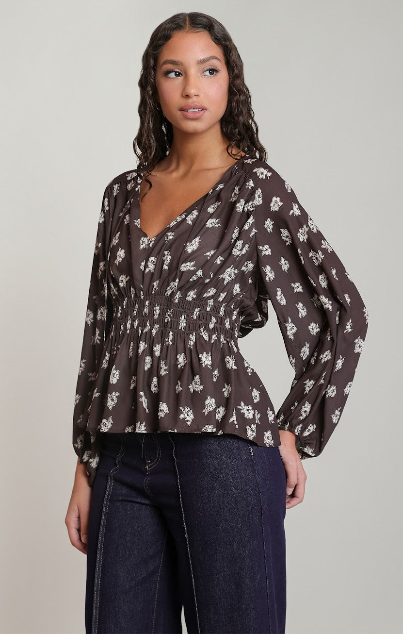 DEX Smocked Brown Floral Blouse 02-09