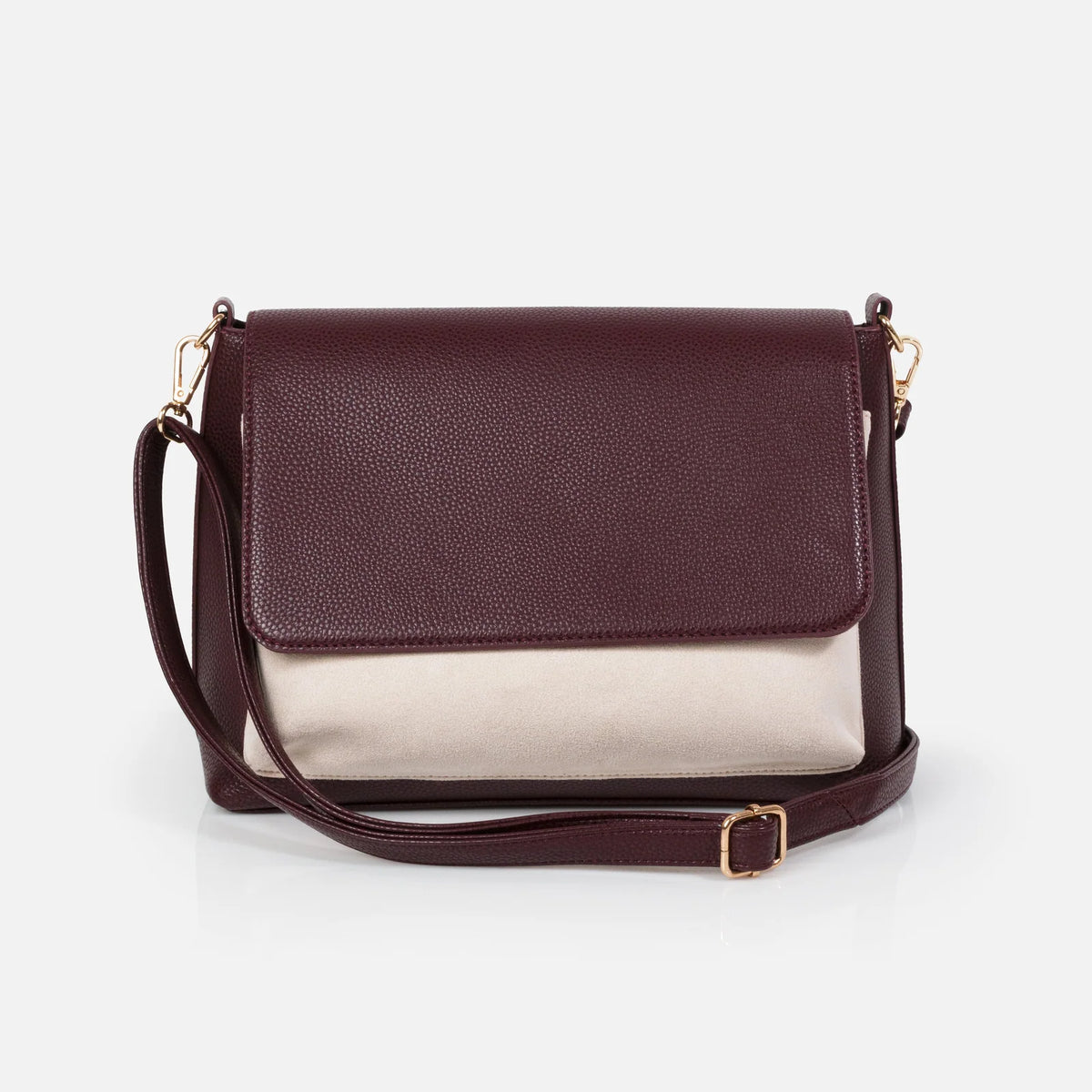 Bizou Burgundy pebbled Pu handbag with suede effect ivory pocket